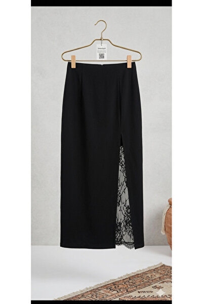 Minoly Store Siyah Dantel Detaylı Yırtmaçlı Midi Boy Etek