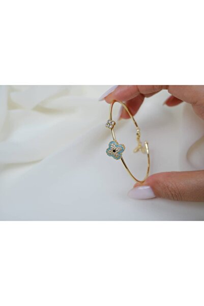 ATELİER TUĞBA Blk244 Turquoise Flower Detail Thin Gold Bracelet (Adjustable)