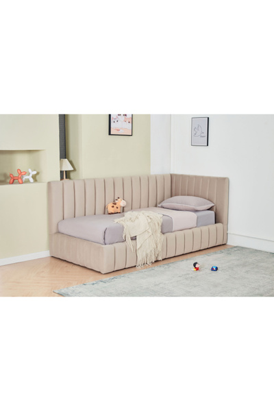 MarketMob Pat Coral 90x200 cm cu depozitare, catifea bej, cu somieră inclusă
