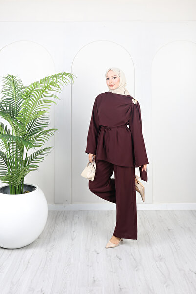 Moda Misali طقم بنطلون نسائي أنيق مع حزام وأكمام طويلة مكون من قطعتين مع تفاص...