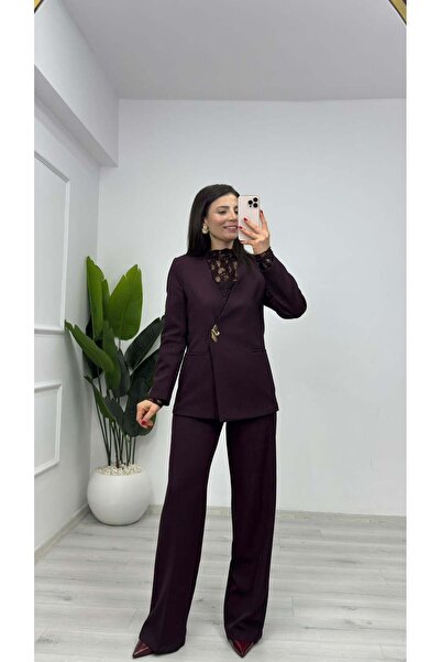 TUNAM BUTİK 1126 بدلة من القماش المزدوج بدون ياقة مع زر بروش بلون البرقوق