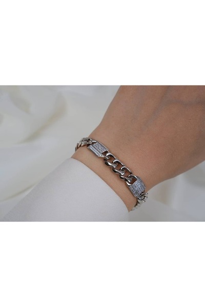 ATELİER TUĞBA Blk256 Thick Gourmet Silver Bracelet with Lock Detail and Stone...
