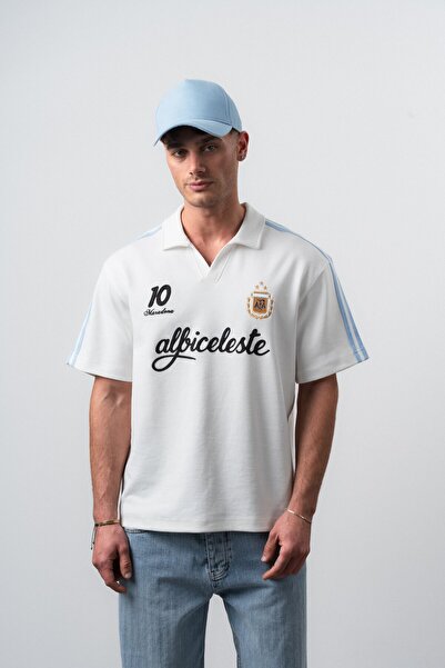Respire Men's Albiceleste World Cup Regular Fit Polo Neck Fan T-Shirt Ecru