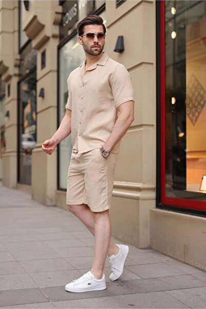 Madmext Costum cămașă și pantaloni scurți pentru bărbați, bej, 100% bumbac E7361
