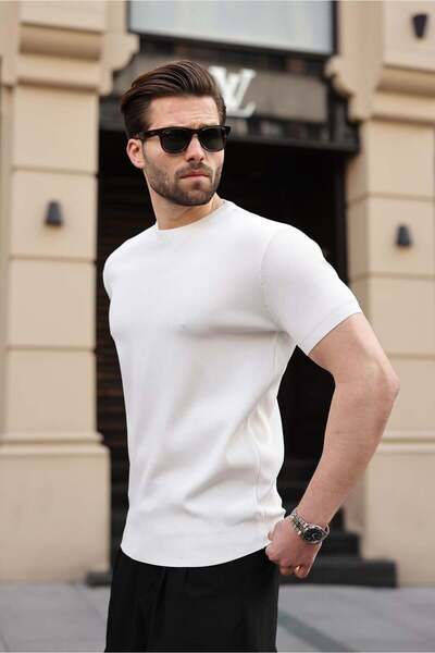 Madmext White Crew Neck Ribbed Men's T-Shirt E7474