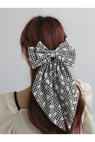 Take Two By Styli Black Daisy Gingham Bow Hair Clip