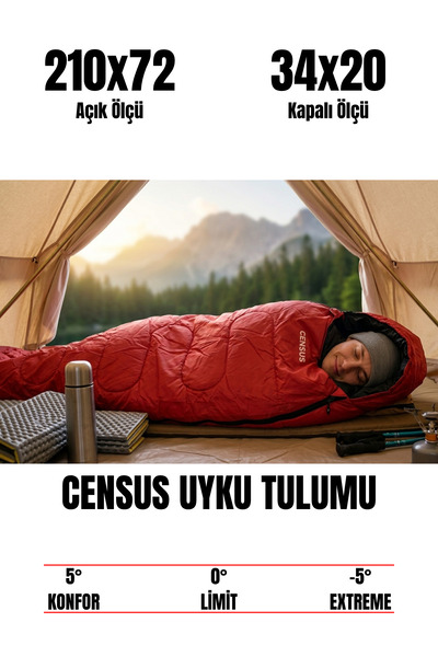 CENSUS -5 Derece Uyku Tulumu 210x72 cm Su İtici Kamp Outdoor Hafif Taşınabili...