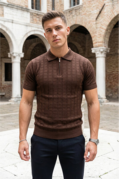 SAYZEN YOUR SHİNE Block Patterned Zippered Polo Collar Men's T-Shirt