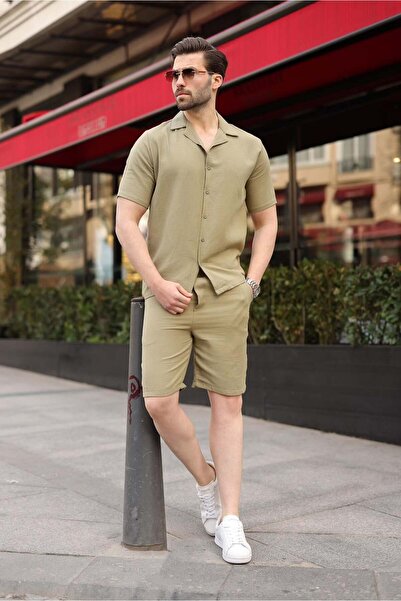 Madmext Light Green 100% Cotton Men's Shorts and Shirt Set E7361
