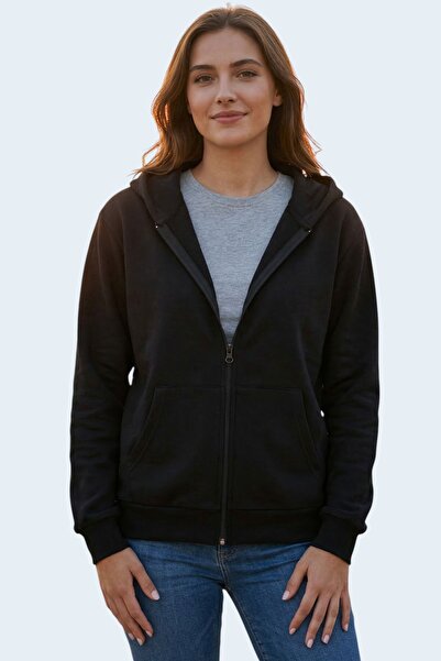 evavi Kadın Kapüşonlu Fermuarlı Siyah Sweatshirt Ceket