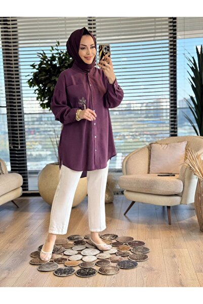ALANURMODA Cep Üstü Broş İşli Gömlek