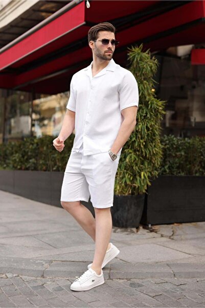 Madmext White 100% Cotton Men's Shorts Shirt Set E7361