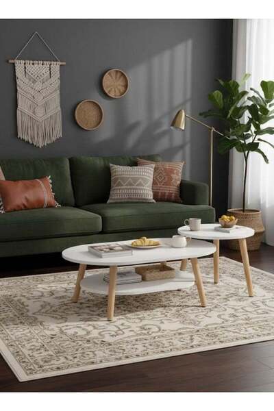 Taimi Coffee Table for Living Room, and Small Round Side Table White Size(80x...