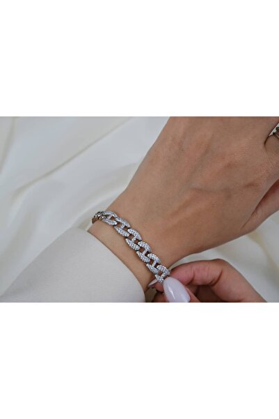 ATELİER TUĞBA Blk275 Zircon Stone Oval Ring Silver Bracelet (18 cm + 4 cm Ext...