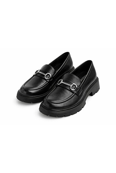 Diva Exclusive Fashion Women's black loafers with thick sole and silver metal...