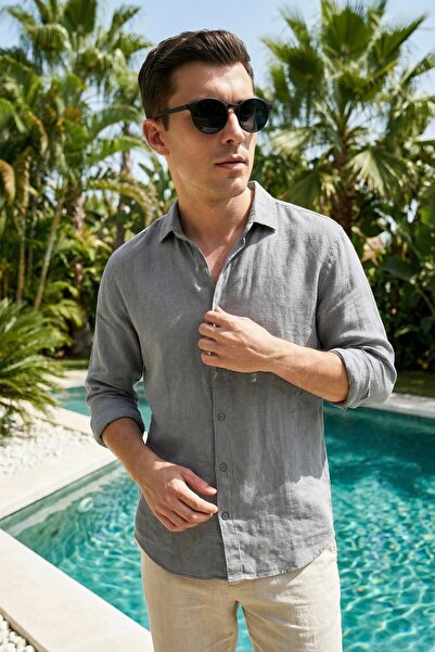 MADZEYMODA Men's Gray Comfortable Fit Cotton Linen Shirt Ls-19845