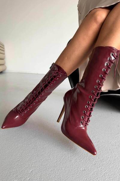 AYAKKABI PRENSİ Nemesis Bağcıklı Ince Topuk 10 Cm Bordo Kırışık Rugan Bot