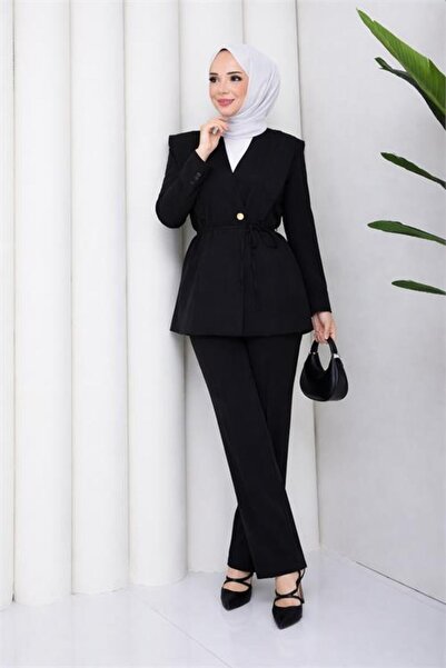 Neşeli Butik Women's Black Plus Size Padded Gold Button Detailed Blazer Jacke...
