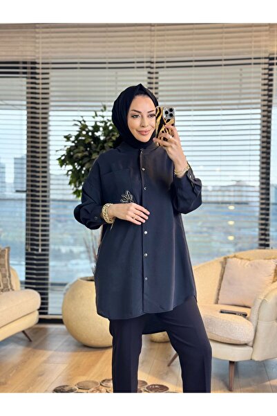 ALANURMODA Cep Üstü Broş İşli Gömlek