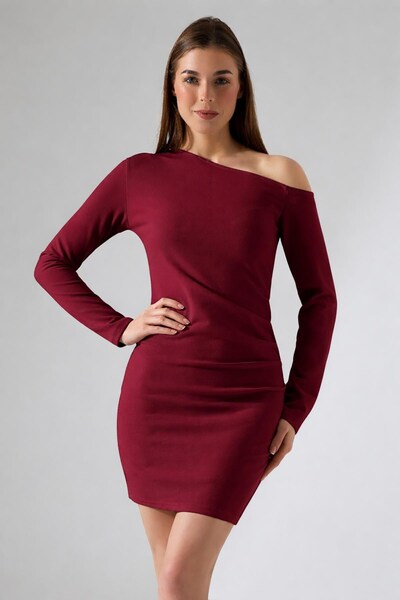 Deafox Rochie cu mânecă lungă din țesătură crep importată, cu un singur umăr ...