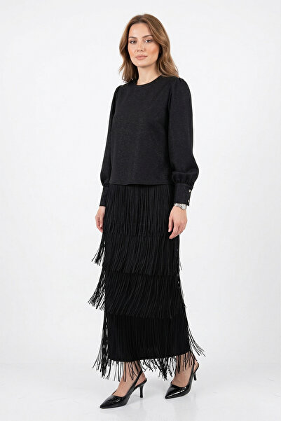 Lale Butik طقم تنورة بتفاصيل شراشيب 10548 أسود