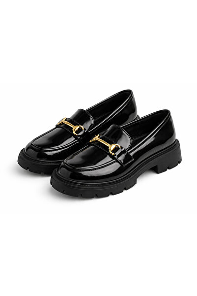 Diva Exclusive Fashion Women's black patent leather loafers with thick sole a...