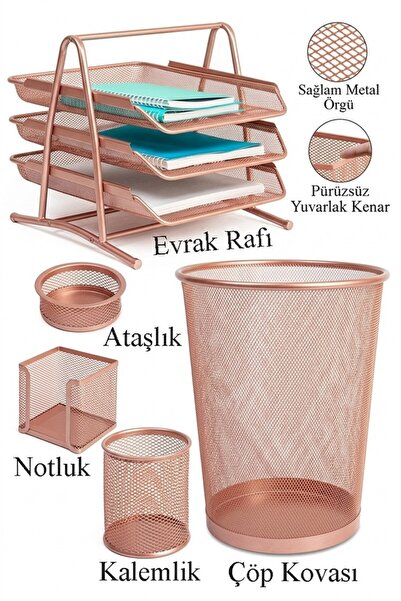 Artlantis Bakır Yaldız Metal Evrak Rafı 3 lü Masaüstü Kalemlik 3 lü ve Fileli...