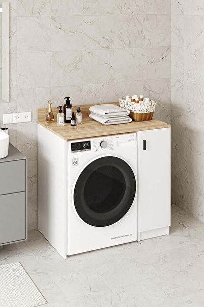 Hofga Tirza Çamaşır Makinası Dolabı 2 Raflı 1 Kapaklı Banyo Dolabı Beyaz Meşe