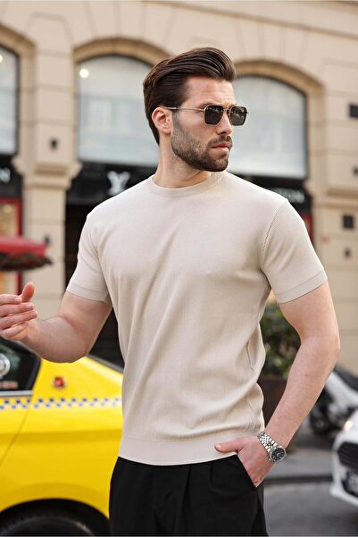 Madmext Stone Color Crew Neck Ribbed Men's T-Shirt E7474