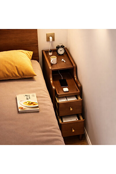 DR. CIVANA Masif ceviz Komodin 20x40x50 cm Dar Gece Sehpası 2 Çekmeceli Raflı...