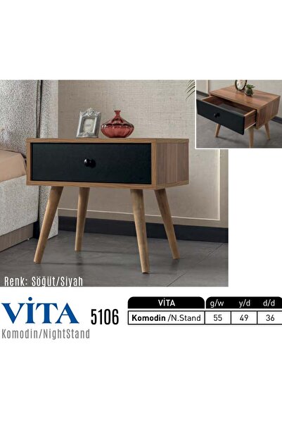 EVMO Vita Serisi Modern Komodin - Ahşap Ayaklı Tek Çekmeceli Gece Standı