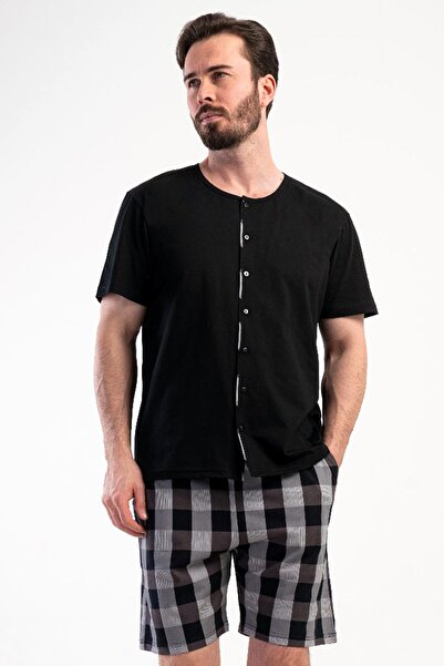 VİENETTA Erkek Önden Düğmeli Kısa Kol Şortlu Siyah %100 Pamuk Pijama Takımı C...