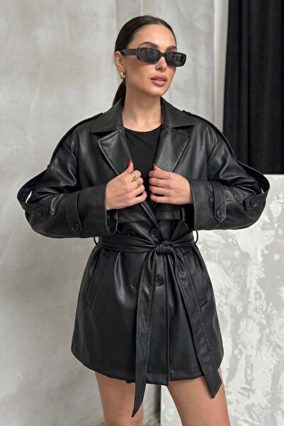 spirituel Women's Faux Leather Jacket Belted Buttoned Long Sleeve Pockets Dro...