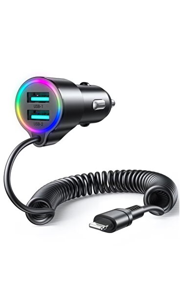 Joyroom شاحن سيارة JR-CL25 3.4A 3 في 1 مع كابل لايتنينج ملفوف باللون الأسود