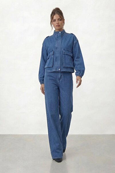 VAGGON High Collar Pocketed Crop Jacket and Wide Leg Pants Denim Set