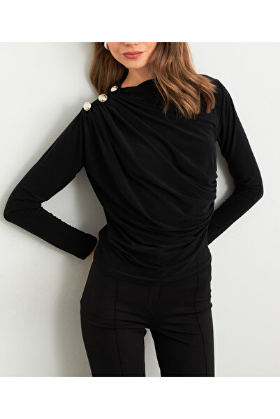 NEW JOURNAL Women's Black Button Detailed Gathered Blouse App1223-1