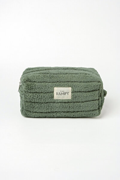 the ramify Striped Plush Fur Large Size Quilted Makeup Bag Green