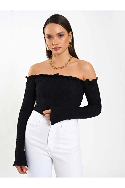 BIGNUANCE Black Off Shoulder Boat Neck Crop Gipeli Long Sleeve Blouse Casual ...