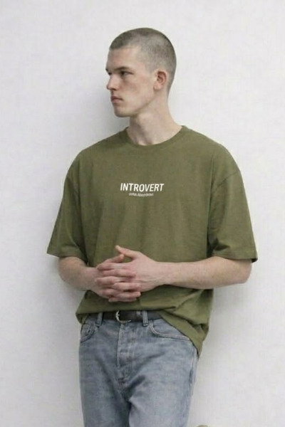 MATERIAL Men's Introvert Text Printed Oversize Khaki T-Shirt