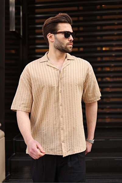 Madmext Cămașă pentru bărbați din țesătură Gofre bej E6772