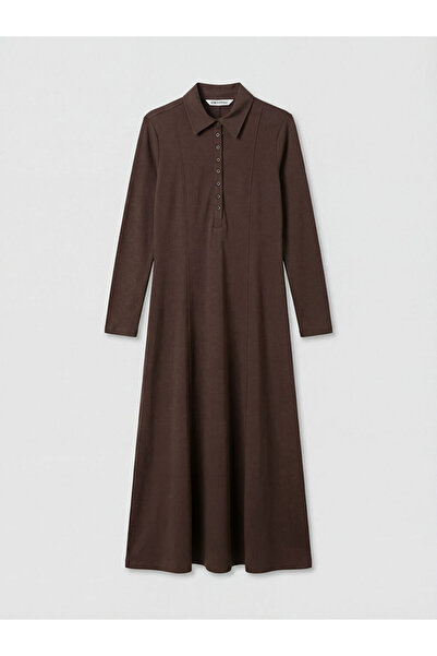 LC Waikiki Καφέ φόρεμα με γιακά πουκάμισου και φαρδιά γραμμή