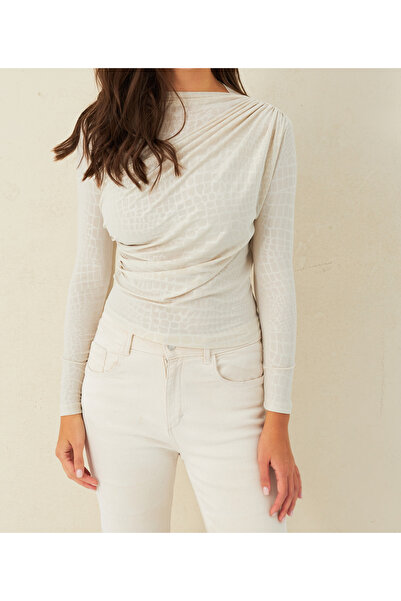 NEW JOURNAL Γυναικεία μπλούζα με εκρού σχέδιο και κορδόνι περίσφιξης APP1279