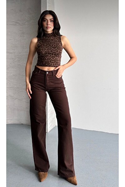 MRİABE Γυναικείο καφέ ψηλόμεσο τζιν παντελόνι Palazzo