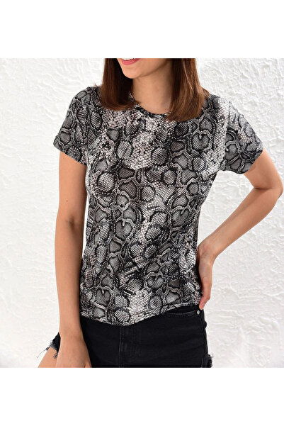 NEW JOURNAL Bluză de damă cu imprimeu șarpe negru-piatră APP1001