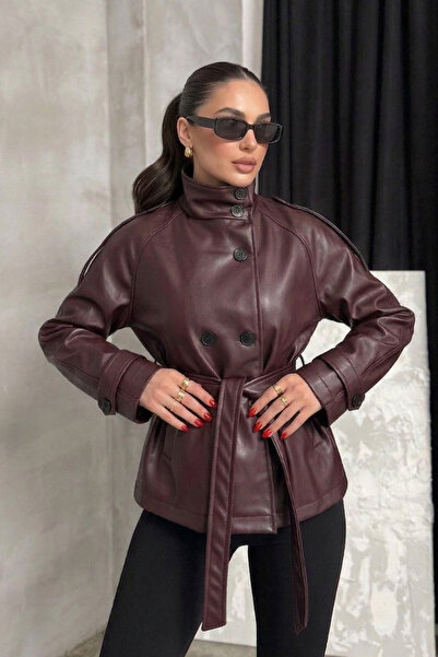 spirituel Women's Faux Leather Jacket Belted Buttoned Long Sleeve Pocketed St...