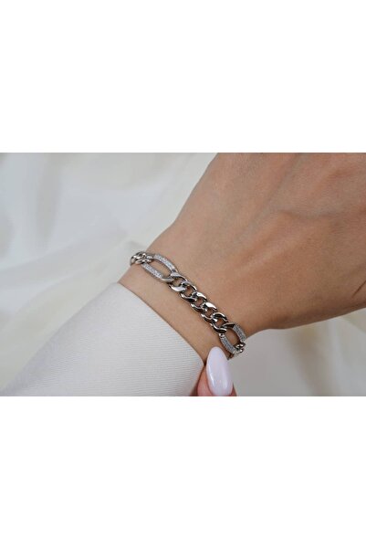 ATELİER TUĞBA Blk298 Stone-Embellished Oval Ring Detail Chain Bracelet Silver...