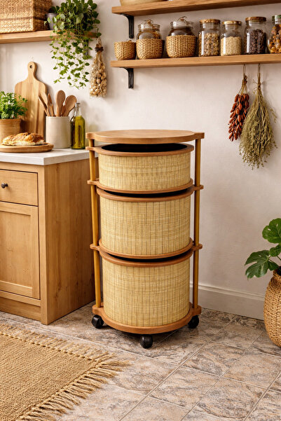 sonnenflügel 3 Katlı Tekerlekli Çok Amaçlı Ahşap Patates Soğan Sepeti Sebzeli...