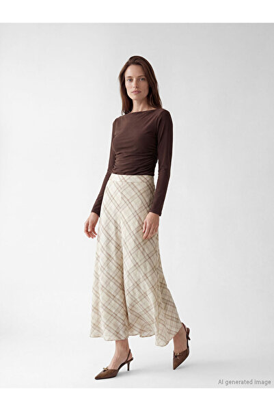 LC Waikiki Εκρού καρό φούστα σε γραμμή Α με ελαστική μέση