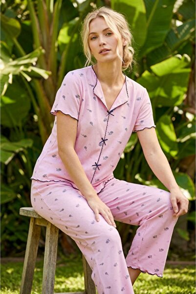 Siyah İnci Dark Pink Floral Patterned Bowknot Ribbed Camisole Knitted Pajama ...