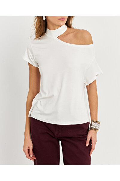 NEW JOURNAL Women's Ecru One-Shoulder Open Blouse App1300